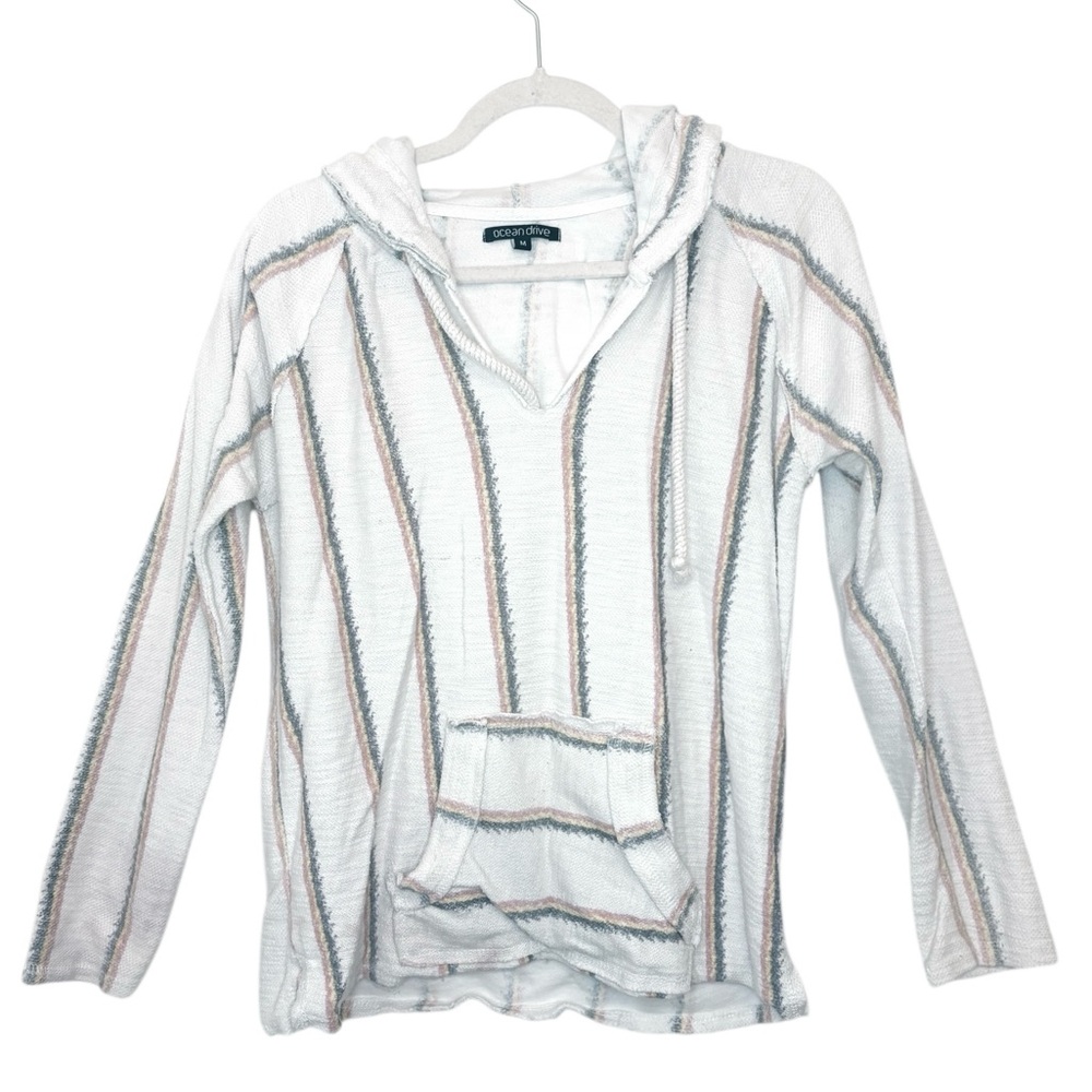 Ocean Drive White Pink Baja Hoodie Striped Pullover in Cream Beach Medium